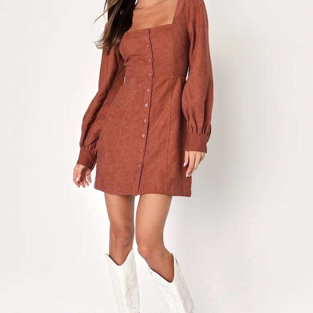 Rust Corduroy Long Sleeve Button-Down Dress